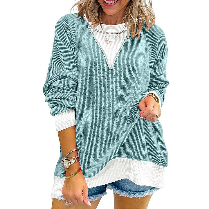 Blusa casual para mulher com gola redonda e estilo color-block
