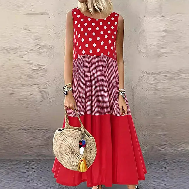 👗 Αμάνικο φόρεμα για κορίτσια με πουά και καρό φινίρισμα