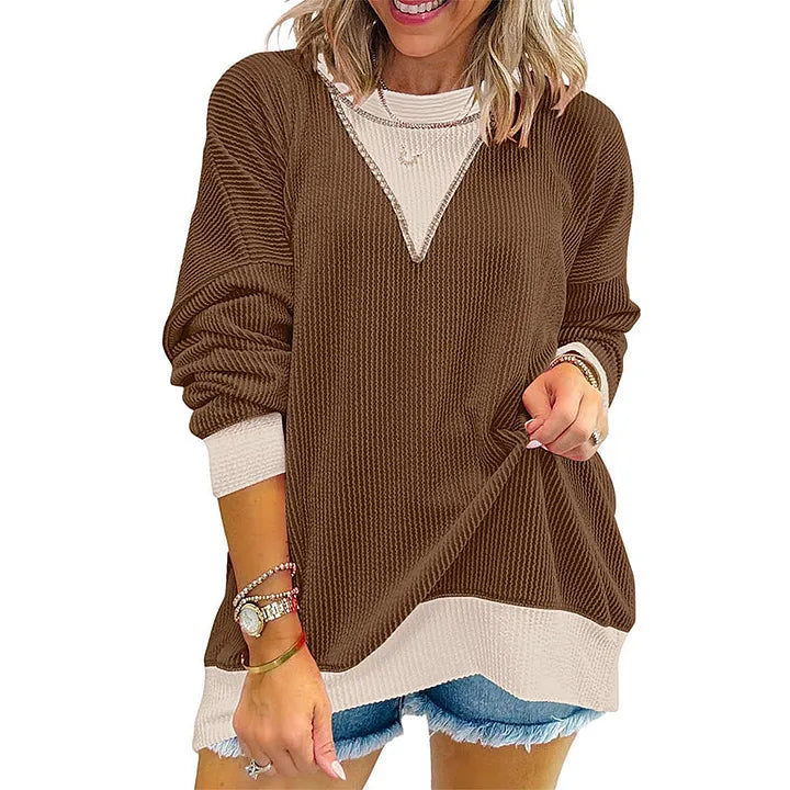 Blusa casual para mulher com gola redonda e estilo color-block