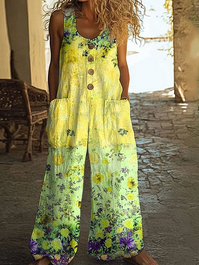 Γυναικεία vintage casual ολόσωμη φόρμα με φλοράλ patchwork