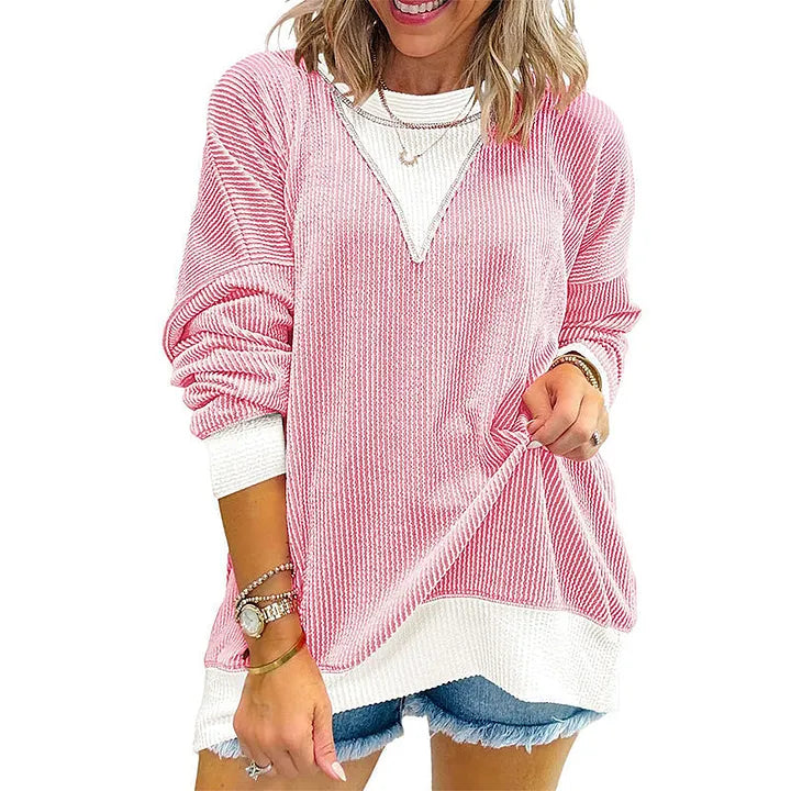 Blusa casual para mulher com gola redonda e estilo color-block