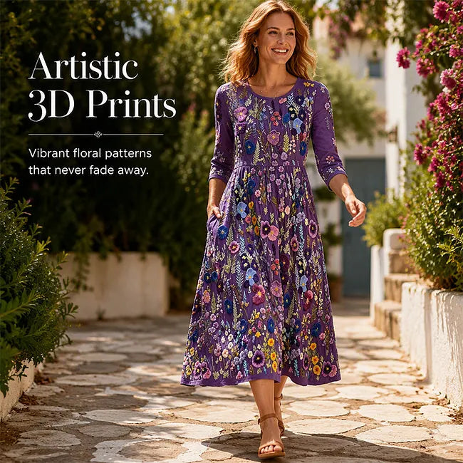 ✨🌺Γυναικείο μίντι φόρεμα με φλοράλ print, μανίκια 3/4 και τσέπες