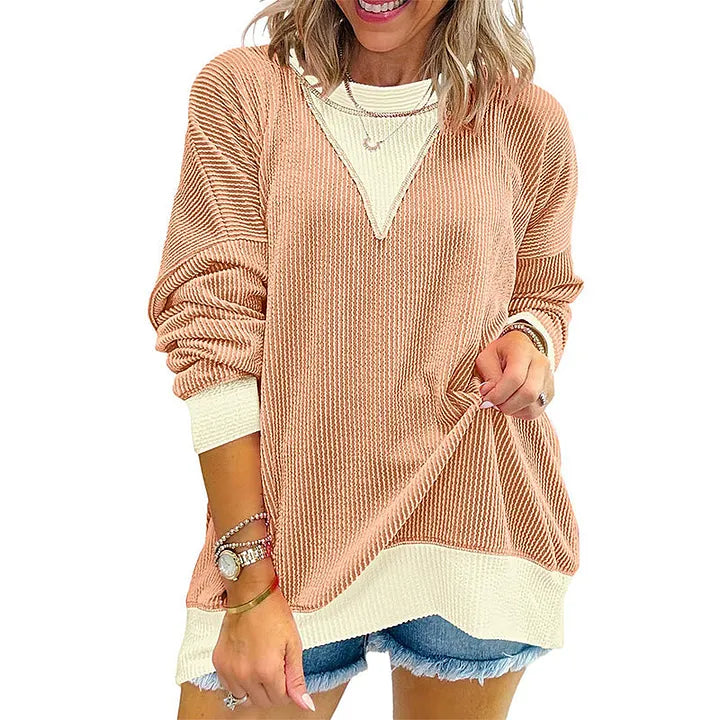 Blusa casual para mulher com gola redonda e estilo color-block