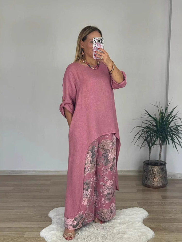 Casual κοστούμι από βαμβάκι και λινό με ακανόνιστη μπλούζα και φαρδύ παντελόνι