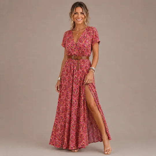 Μακρύ φόρεμα για κορίτσια σε στυλ boho με V λαιμόκοψη.