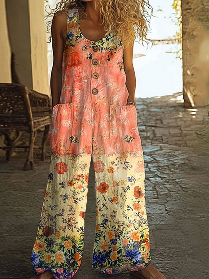 Γυναικεία vintage casual ολόσωμη φόρμα με φλοράλ patchwork