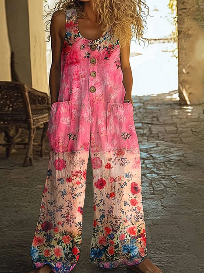 Γυναικεία vintage casual ολόσωμη φόρμα με φλοράλ patchwork