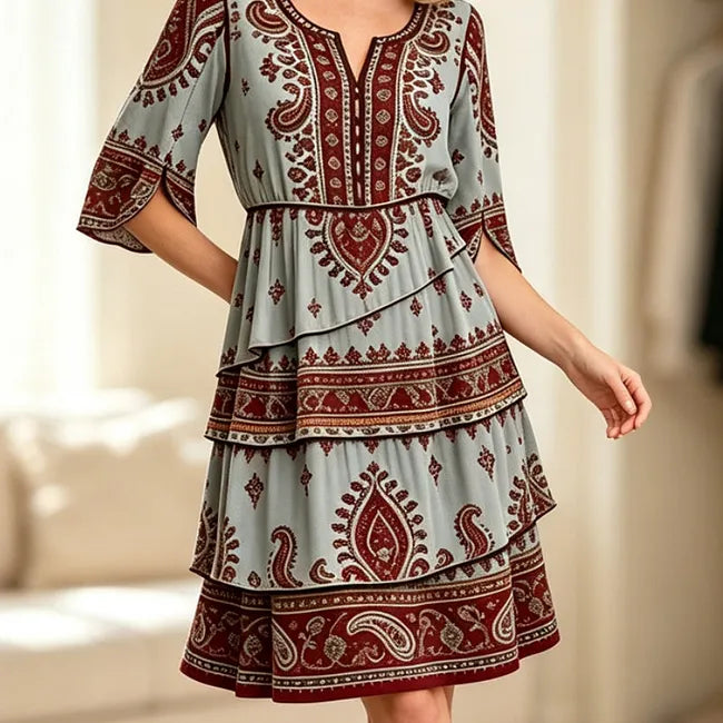 💃 Φόρεμα για κορίτσια σε στυλ boho με V λαιμόκοψη και βολάν