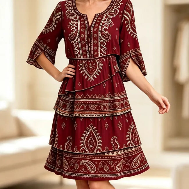 💃 Φόρεμα για κορίτσια σε στυλ boho με V λαιμόκοψη και βολάν